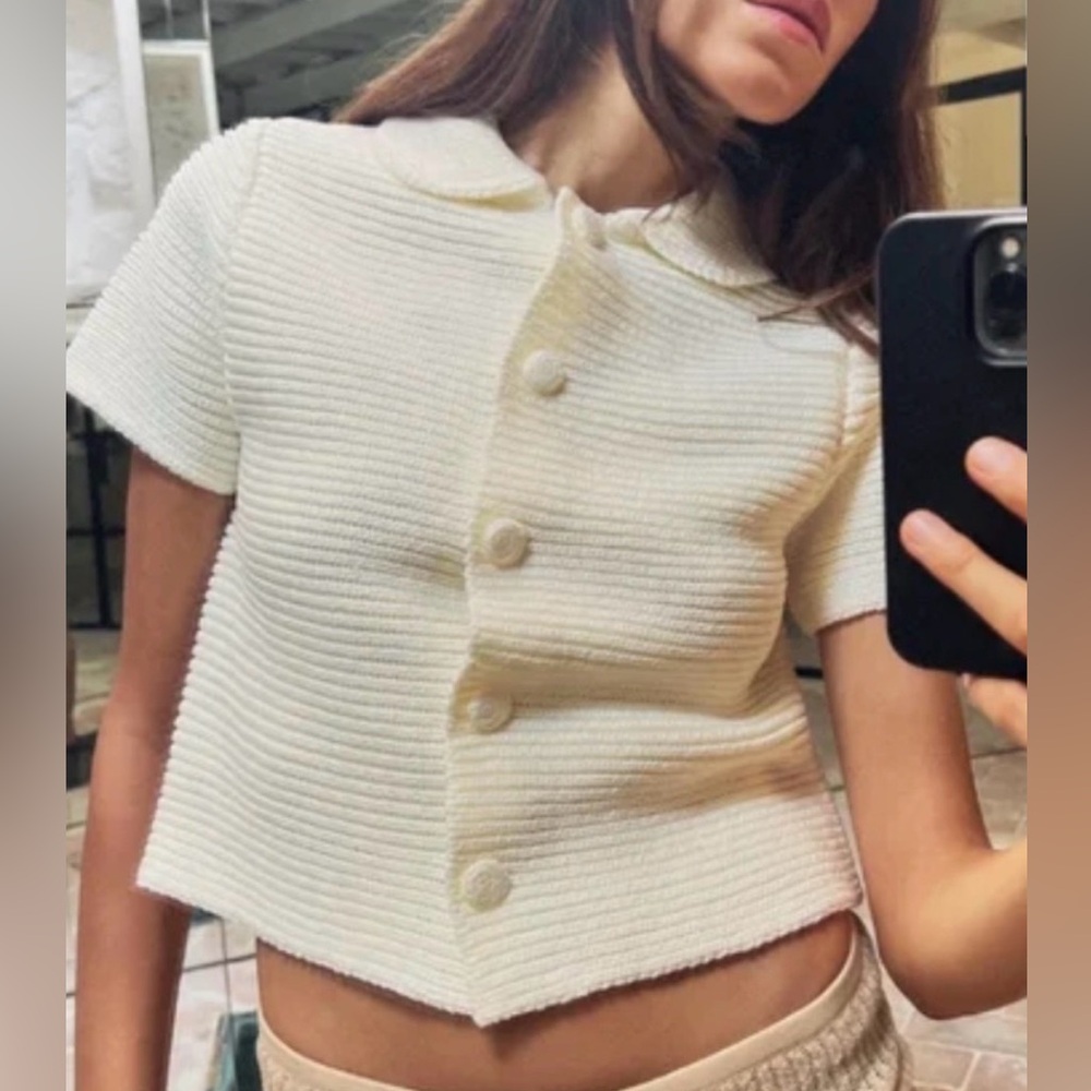 Zara Knit Short Sleeve Sweater with Peter Pan Collar